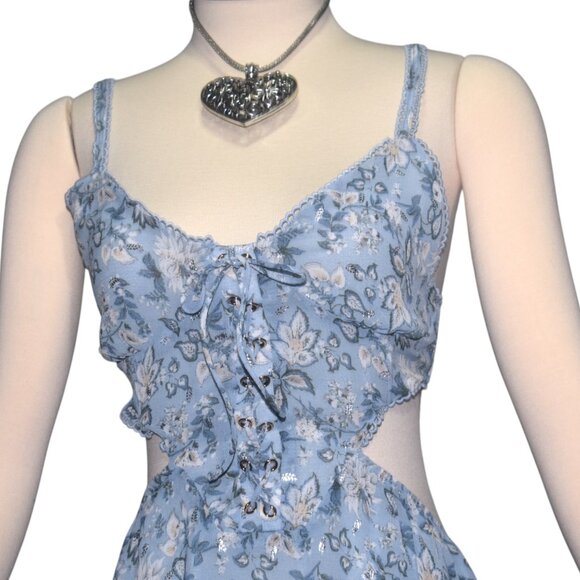 SABO LUXE Haven Dress Blue Floral Lace Up Summer Sundress L - Picture 2 of 6